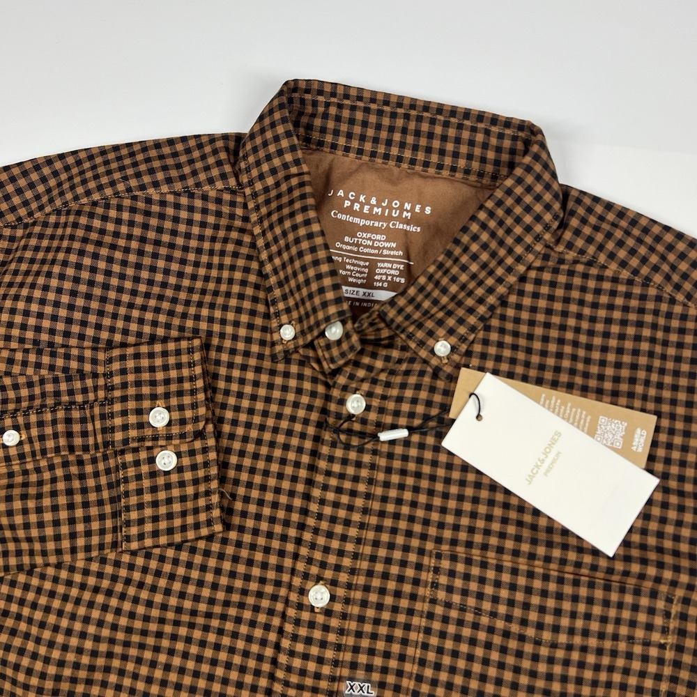 Jack & Jones Oxford button down Long Sleeve Shirt Brown‎ Black Check Men's 2XL